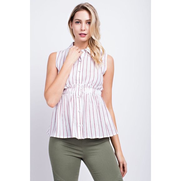 Sleeveless Button Front Collared Casual Striped Peplum Blouse Top - Picture 8 of 10
